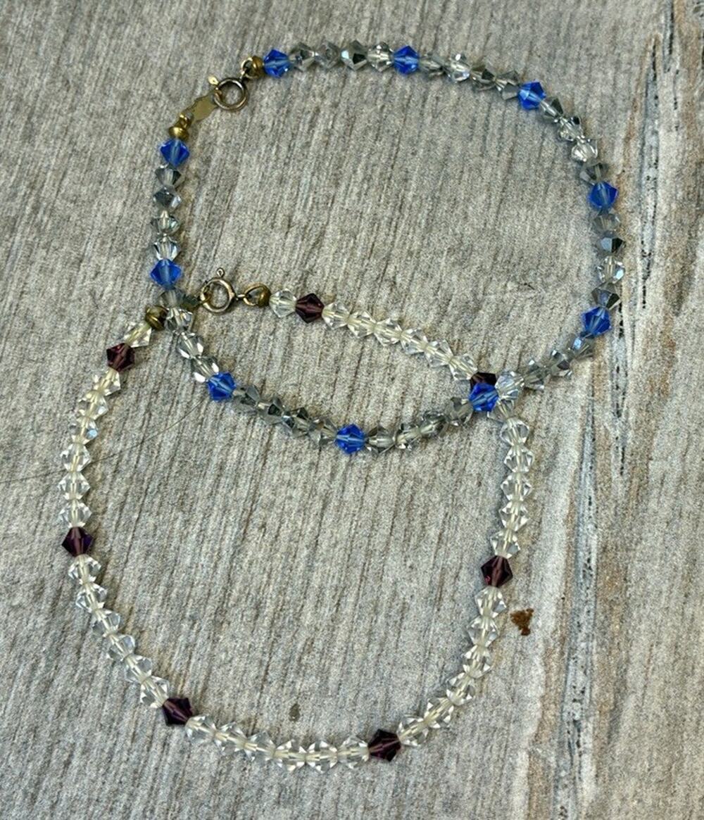 Vintage 14K Gold Filled Crystal Bicone Bracelet Set Clear Blue Purple 7" H Mark